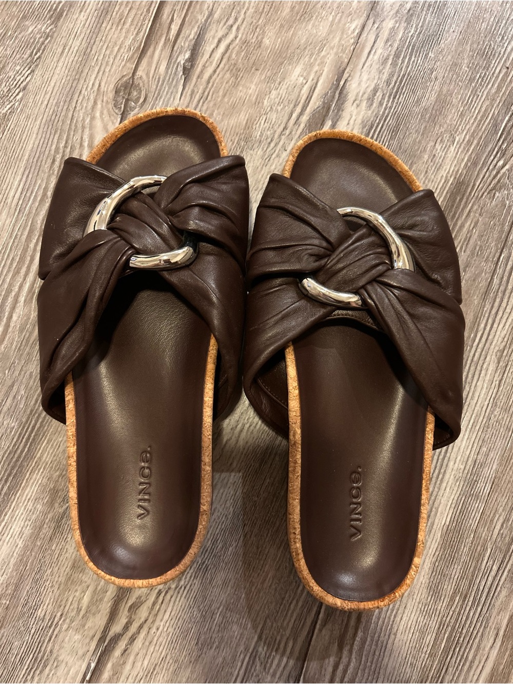 Vince Brown Leather Knot Slide Sandals with Silver Ring